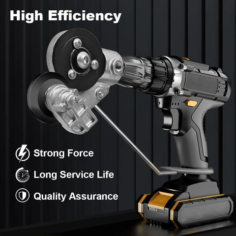 Front view: cordless drill with sheet metal cutting attachment for iron, aluminum, copper plates