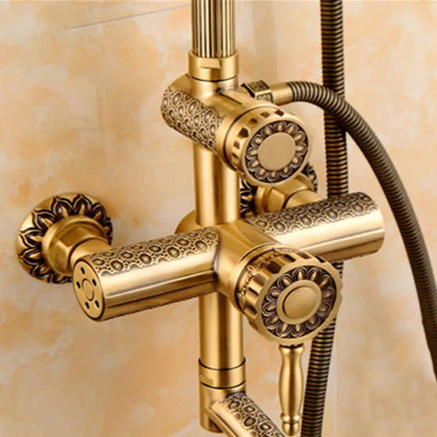 UMJIGF Antique Bronze Shower System with Hot and Cold Water Wall Mounted Shower Faucet Set detail of faucet controls and design