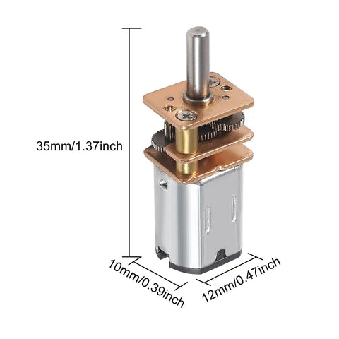 Five Pack Mini 6V Gear Motors Full Metal Micro Gearbox 500 RPM Slow Speed Drive For DIY Cars Robots Drones RC Toys Lightweight Easy Install Real Tough Stall Characteristics, showing dimensions and metal construction.
