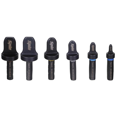 Six Piece Drill Bit Flaring Set For HVAC Tubing Diameters 1/4, 3/8, 1/2, 5/8, 3/4, 7/8 Inch, organized in a row