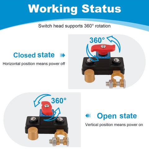 Two Pack 12V 24V Battery Disconnect Switch With Pure Copper Contacts, 360 Degree Rotary Cut Off, open and closed states shown
