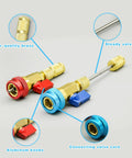 31Pcs R134A Valve Core Quick Remover And Installer Tool Set showing brass connectors with red and blue aluminum knobs