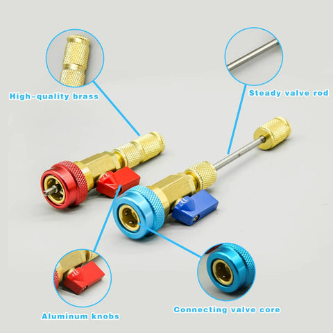 31Pcs R134A Valve Core Quick Remover And Installer Tool Set showing brass connectors with red and blue aluminum knobs