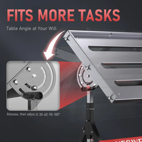 Foldable Welding Table With Wheels 20x30 Inch Adjustable Height Workbench Steel Portable Table For MIG And TIG Welding Heavy Duty 400Lb Load Capacity For Pro Grade Projects showing adjustable table angle mechanism for various tasks