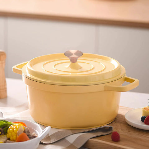 Sweet Upgrade Solid Stainless Steel Dutch Oven Knob Handle Swaps Out Worn Le Creuset Lodge Enameled Crock Pot Lid Rose Gold Finish on yellow pot