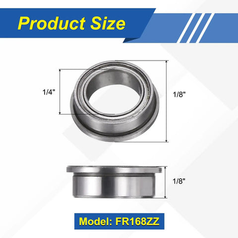 FR168ZZ Flanged Deep Groove Ball Bearings Pack Of 4 1/4 Inch I.D. By 3/8 Inch O.D. By 1/8 Inch Thickness Chrome Steel Double Shielded ABEC 5 Precision For Smooth No Fuss Spins, shown with 1/4 and 1/8 in dimensions