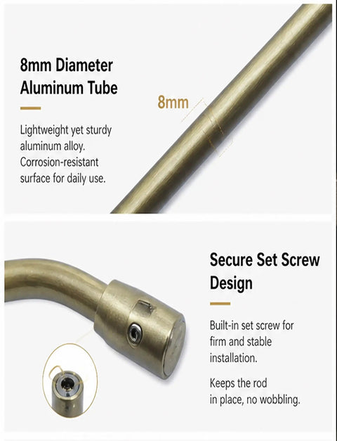 Close-up of 8mm diameter aluminum tube showcasing secure set screw design for the 5 Pack 32 Inch Aluminum Gallery Rails With Mounting Brackets.