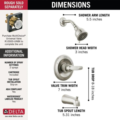 Dimensions of 13 Series 2-Spray Bathtub And Shower Faucet Trim Kit in Brushed Nickel Finish With Stainless BT13410-SS.