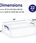 Dimensions of 22 quart clear storage boxes with lids, measuring 19x12.5x7.25 inches, BPA free, stackable.