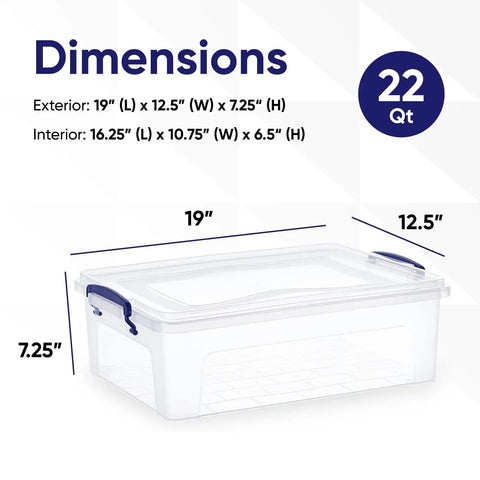 Dimensions of 22 quart clear storage boxes with lids, measuring 19x12.5x7.25 inches, BPA free, stackable.
