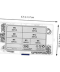 Clear box showing 390 Count Serrated Tooth Lock Washers Set M3 To M10 Stainless Steel, labeled with size and piece count.