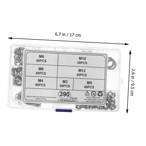 Clear box showing 390 Count Serrated Tooth Lock Washers Set M3 To M10 Stainless Steel, labeled with size and piece count.
