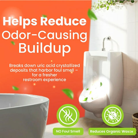Commercial Grade Urinal Drain Cleaner Descaler and Deodorizer for Restrooms, breaks down urine scale and calcium deposits, helps reduce odor-causing buildup.