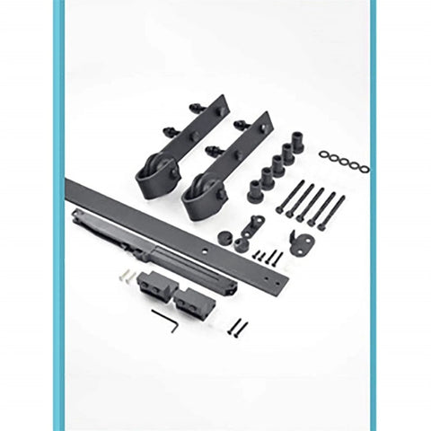 Bypass Sliding Barn Door Rail Hardware Kit for Double Doors Monorail System with black powder coated finish, ceiling mount kit.