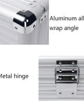 Close-up of Durable Aluminum Hard Tool Box Portable Storage Case with metal hinge and aluminum alloy wrap angle details.