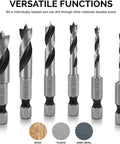 Front view: six-piece HSS brad-point drill bit set with hex shanks for wood, plastic, and sheet metal