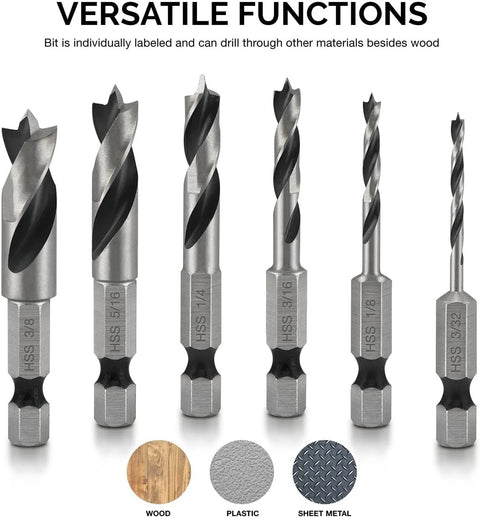 Front view: six-piece HSS brad-point drill bit set with hex shanks for wood, plastic, and sheet metal