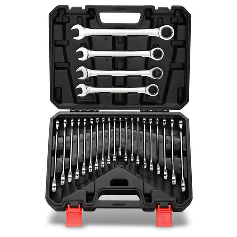 24 Piece Ratchet Wrench Set With Chrome Vanadium Steel Built To Last, 72 Tooth Box End And Open End Wrenches, Metric And SAE Sizes, Organizer Box, Pro Grade Heavy Duty Mechanics Tool Kit For Garage And Home Repairs