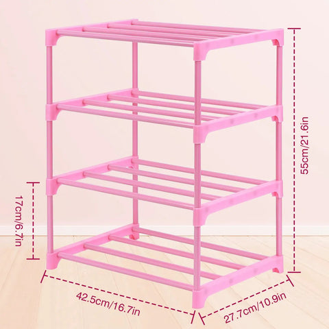 4 Tier Free Standing Shoe Rack For 6 To 8 Pairs Lightweight Stackable Organizer For Entryway Doorway And Closet Kid Friendly Pink Space Saving Solution For Small Spaces