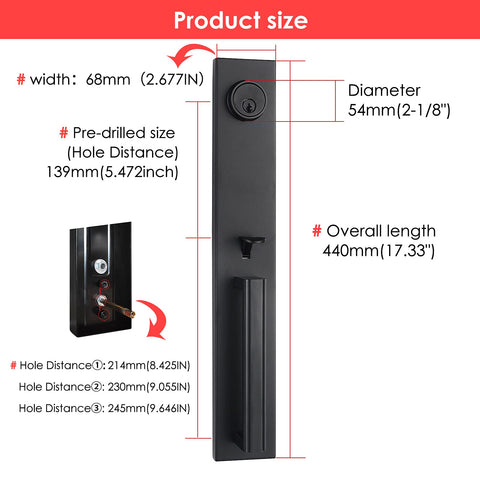 Iron Black Front Double Door Handleset With Keyed Entry And Dummy Set, Matte Black Finish, product size dimensions display