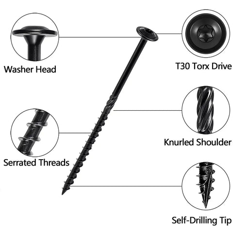Heavy Duty 6 Inch Size 14 Lag Screws For Exterior Wood With Washer Head, Rust Resistant And Self Drilling Tips, Serrated Threads