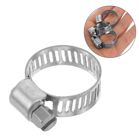 Heavy Duty 10 Pack Steel Hose Clamp Kit With Worm Gear Fastening For Auto Water Pipes, Reliable Versatile Pipe Clamps Built Tough To Secure Fluid Lines And Mechanical Fitters Like A Pro. steel worm gear hose clamp, silver, shown on hand