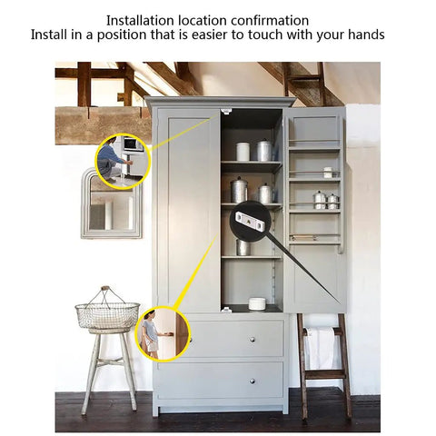 Heavy Duty Cabinet Door Push Latch With Magnetic Touch for single doors on cabinet, installation guide shown.