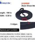 Complete Dryer Repair Kit With 100 Inch Drum Belt And Roller Bearings for Maytag, showing 5-ridge belt details and dimensions
