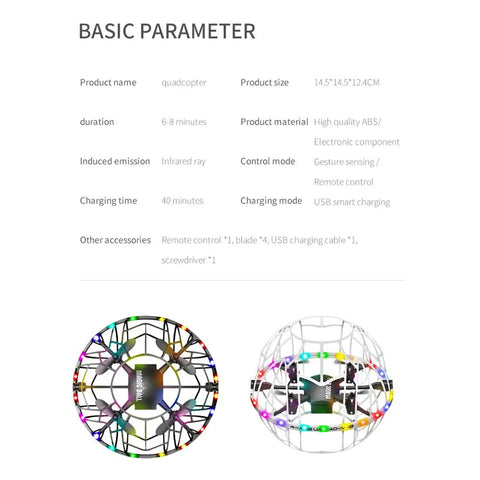 Specifications of the 2.4GHz Spherical RC Drone with auto obstacle avoidance, dual speed modes, product size, and materials listed.