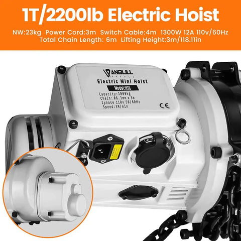 Beefy 2200lb Electric Lift Hoist for Garage Ceiling, close-up view of control box and chains, single-phase overhead crane