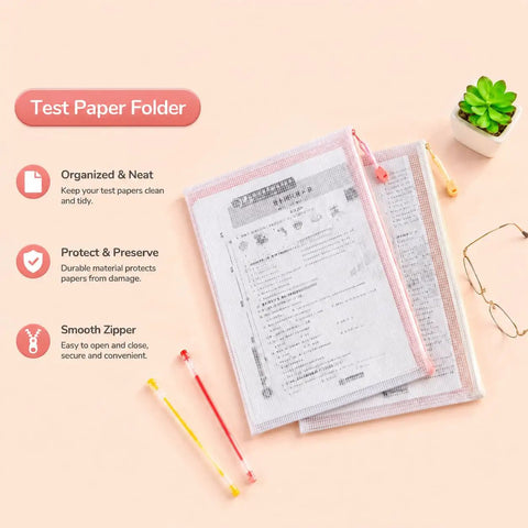 Colorful Four Pack A4 Mesh Zipper Bags with water resistant zippers, test paper folder inside, glasses and pens beside, pink background