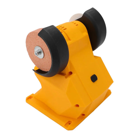 Heavy Duty Cordless Mini Bench Grinder With Reinforced Guard And Slim Abs Frame for fast metal sharpening, yellow body and grinding wheels.