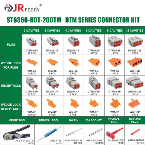 Deutsch DTM Connector Crimp Tool Kit Pro Grade With 104 Solid Contacts, image showing connectors, plugs, and crimping tools