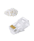 50 Pack Cat6 RJ45 Connectors for Solid and Stranded UTP Ethernet Cables, crimp ends for 24 to 26 AWG, transparent connectors displayed