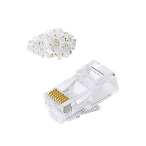 50 Pack Cat6 RJ45 Connectors for Solid and Stranded UTP Ethernet Cables, crimp ends for 24 to 26 AWG, transparent connectors displayed