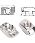 European Standard T Nut 45T M8 Threaded Sliding Nut For Aluminum Profiles with dimensional diagram, durable metal design.