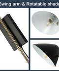 Set Of 2 Black Plug In Wall Sconces With Swing Arm And Rotatable Shade, close-up of mounting bracket and interior bulb view