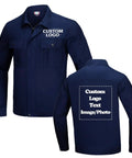 Badass Men's Premium Pure Cotton Long Sleeve Utility Work Shirt With Heavy Duty Pockets For The Daily Grind And Trade Swag Custom Logo And Text Print Available, navy shirt with front and back logos.