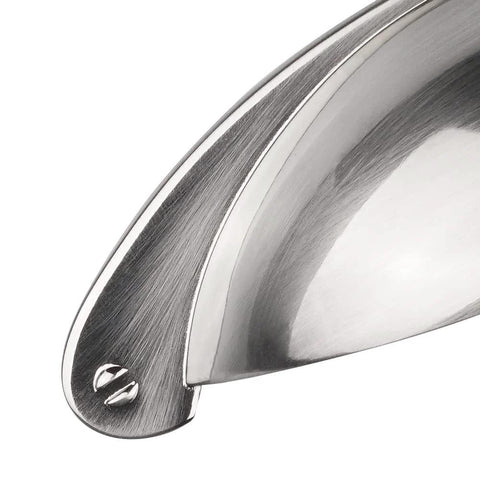Close-up of 10 Pack 3 Inch Cabinet Cup Pulls In Brushed Nickel For Kitchen Cabinets And Furniture, showing satin nickel finish and screws
