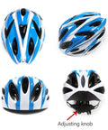 One-Piece Adjustable Adult Bike Helmet For Men And Women, Ultra Lightweight 200g, blue white, showing adjusting knob and vents
