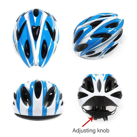 One-Piece Adjustable Adult Bike Helmet For Men And Women, Ultra Lightweight 200g, blue white, showing adjusting knob and vents
