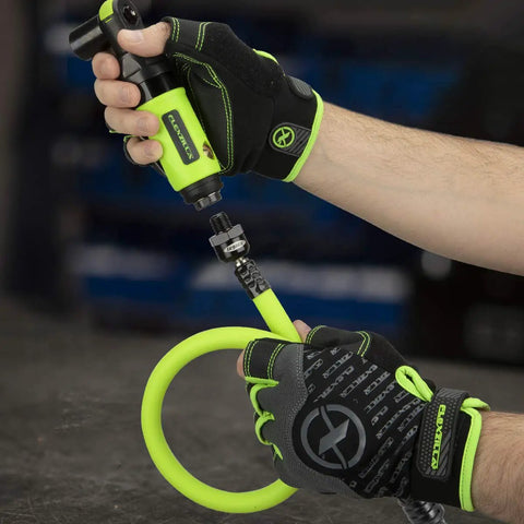 Built Different 5 Foot Flexible Air Hose Whisker with 360 swivel coupler and half inch fittings in use with gloves.