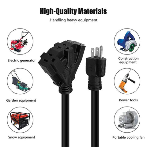 Three-Foot 12-Gauge Outdoor Extension Cord With Three Outlets Heavy Duty SJTW Grounded Power Cable 15 Amp 1875 Watts Indoor Outdoor