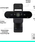 Front view of Epic 4K HD Webcam With Autofocus And Five X Digital Zoom, showing dual mics, privacy shutter, and LED.