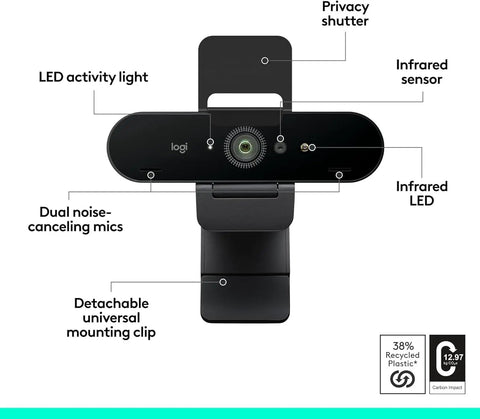 Front view of Epic 4K HD Webcam With Autofocus And Five X Digital Zoom, showing dual mics, privacy shutter, and LED.