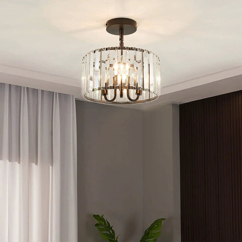 Three Light Industrial Crystal Ceiling Fixture, 13 Inch Round Semi Flush Mount With E12 Base, Black Finish, Ideal For Dining Room Hallway Bedroom Bathroom Living Room, Sparkling K9 Crystal Accents For A Modern Luxe Lit Vibe