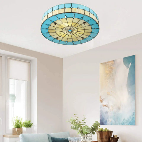 Blue Tiffany Style Mermaid Glass Ceiling Light Dope Vintage Flush Mount Chandelier for Bedroom and Living Room with stained glass