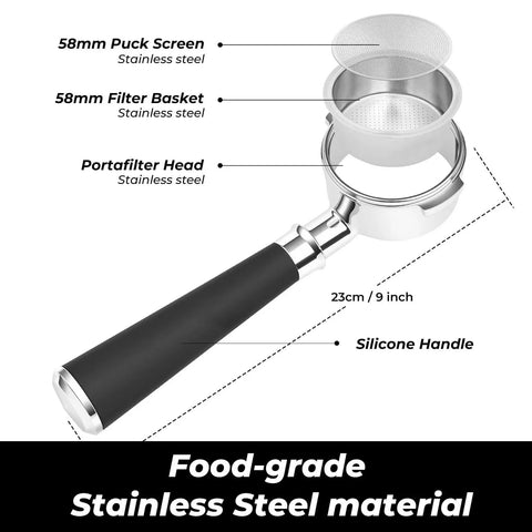 Pro Grade 58mm Bottomless Portafilter With Two Ears For Breville Dual Boiler Oracle Touch and Oracle Jet Espresso Maker view showing stainless steel parts.