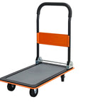 Smooth Rolling Heavy Duty Hauler Boasting 330 Pound Capacity And 360 Swivel Silent Wheels Makes Moving Gear A Breeze Grab This Solid Orange Platform Dolly That Unfolds Quickly Anywhere You Go - image of orange platform dolly with a black handle.