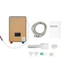Heavy Duty Electric Tankless Water Heater With Instant Hot Shower Output, gold finish, digital touch panel, installation accessories.